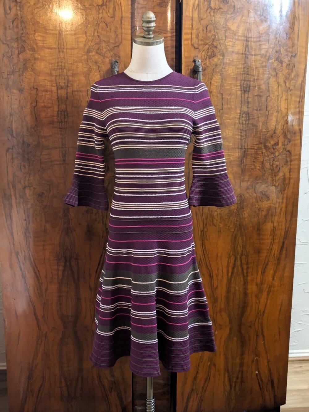 Ted Baker Tayiny Stripe Ottoman Knitted Skater Dress Size 0 Maroon Fit Flare